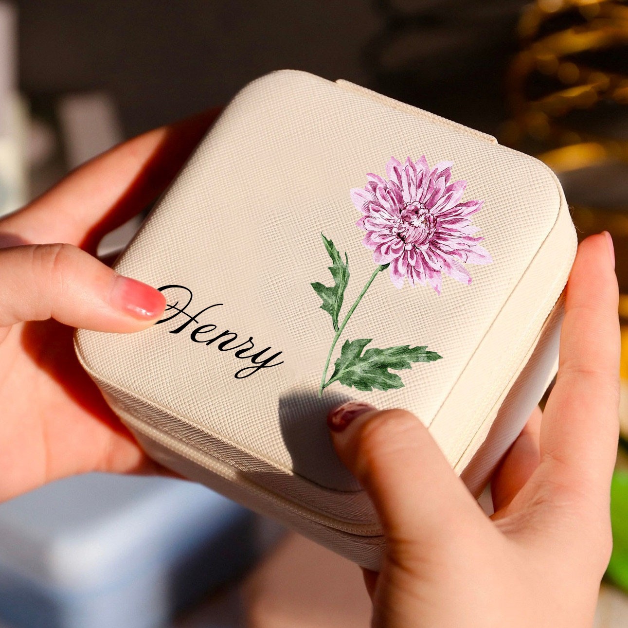 Personalized Birth Flower Jewelry Travel Boxes Case With Name
