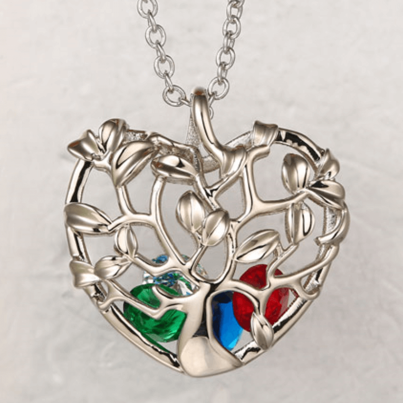 Heart Shape Family Tree Caged Pendant Necklace with 1-8 Birthstones