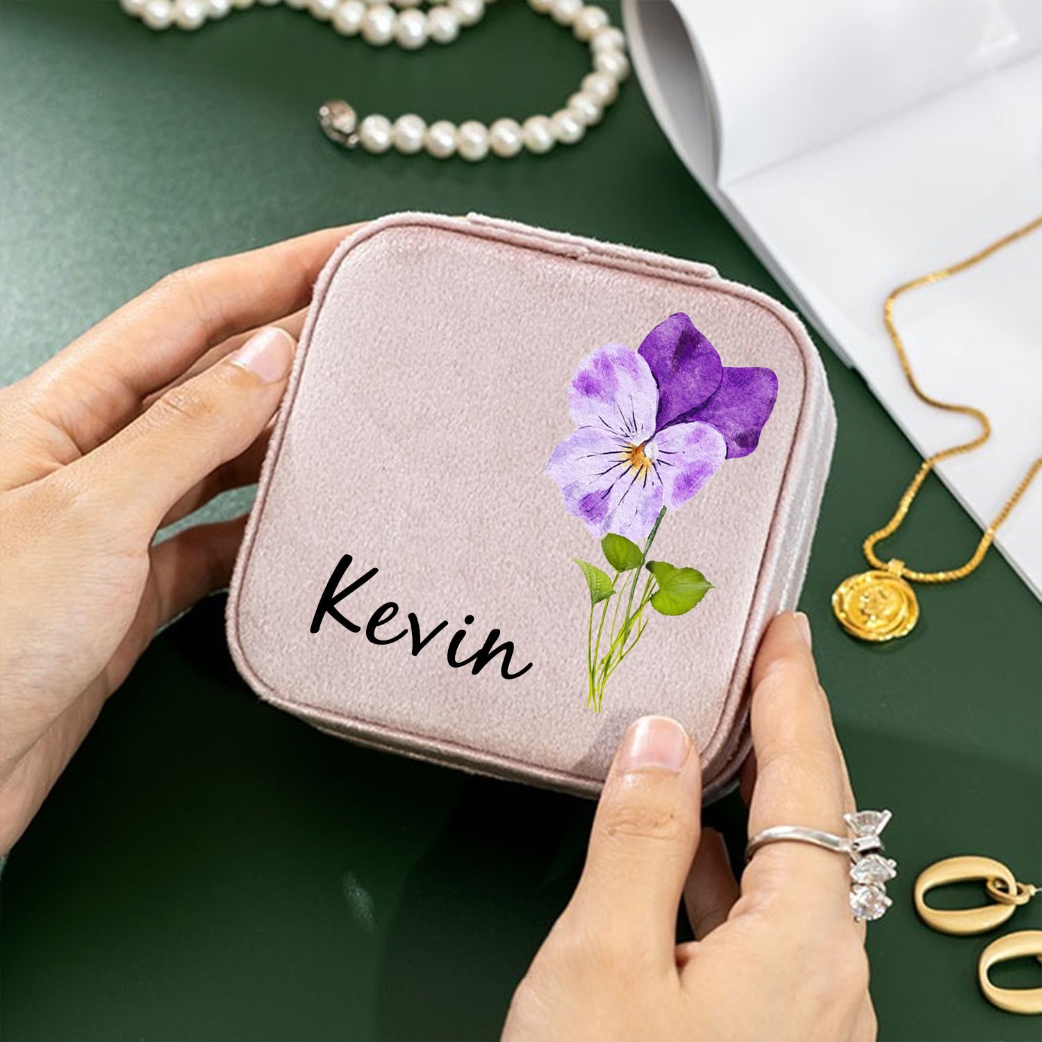 Personalized Birth Flower Jewelry Travel Box Bridesmaid Gift Case With Name