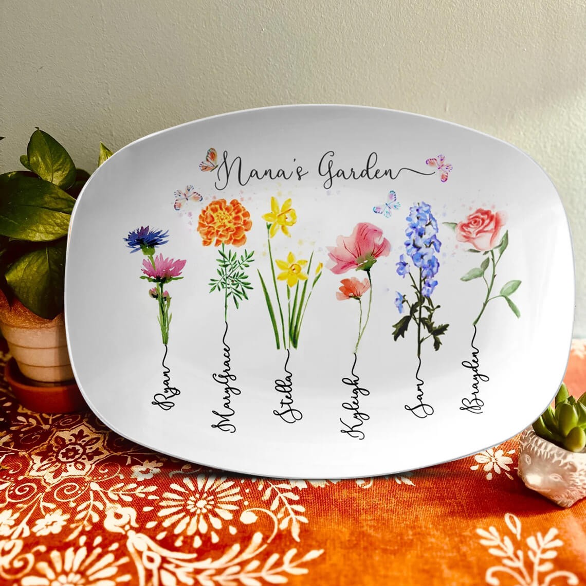 Personalized Nana's Garden Platter With Grandkids Name and Birth Month Flower For Mother's Day