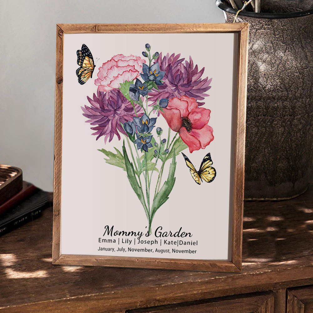 Custom Mommy's Garden Birth Flower Family Bouquet Wood Sign Art With Kids Name For Christmas Mother's Day