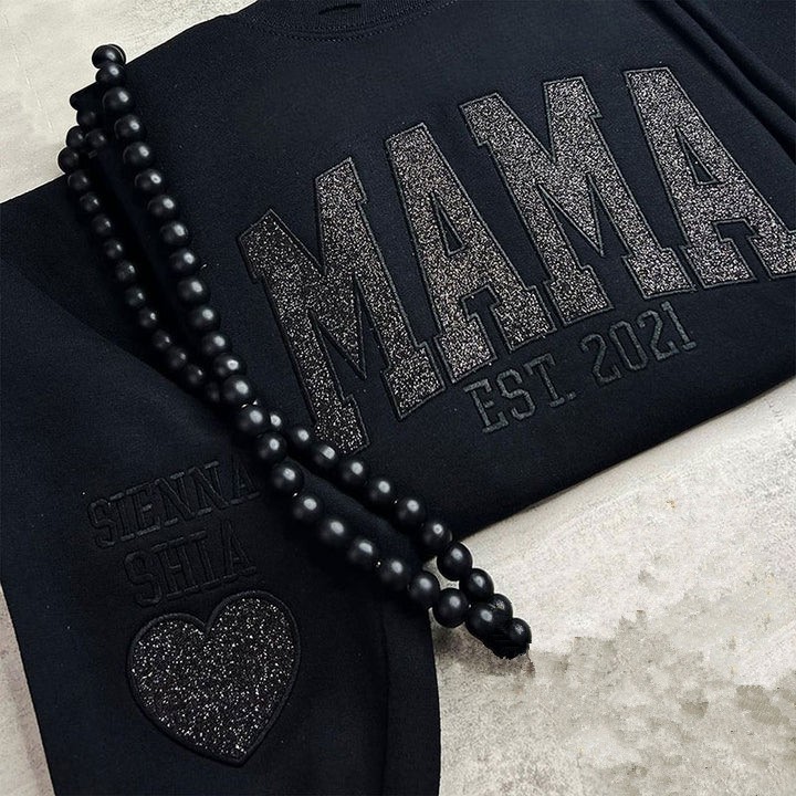 Custom Embroidered Glitter Mama Sweatshirt with Kids Names on Sleeve For New Mum Mother's Day Gift