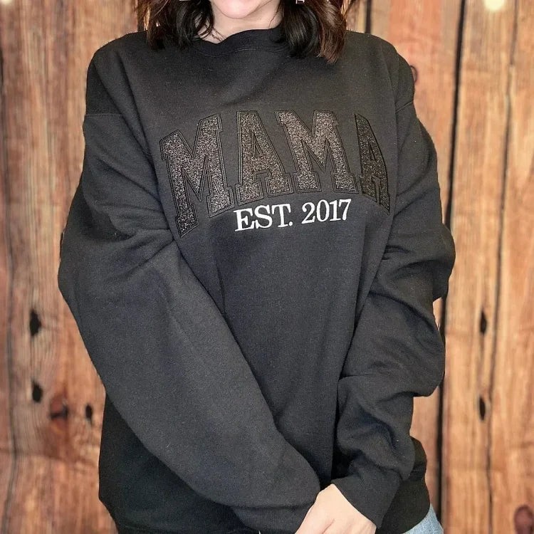 Custom Embroidered Glitter Mama Sweatshirt with Kids Names on Sleeve For New Mum Mother's Day Gift