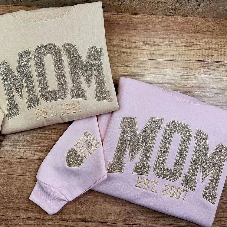 Custom Embroidered Glitter Mama Sweatshirt with Kids Names on Sleeve For New Mum Mother's Day Gift
