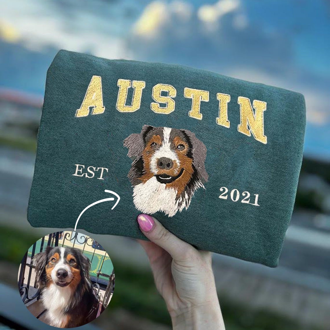 Personalized Dog Face Embroidered Sweatshirt Varsity Style For Pet Lover Gifts