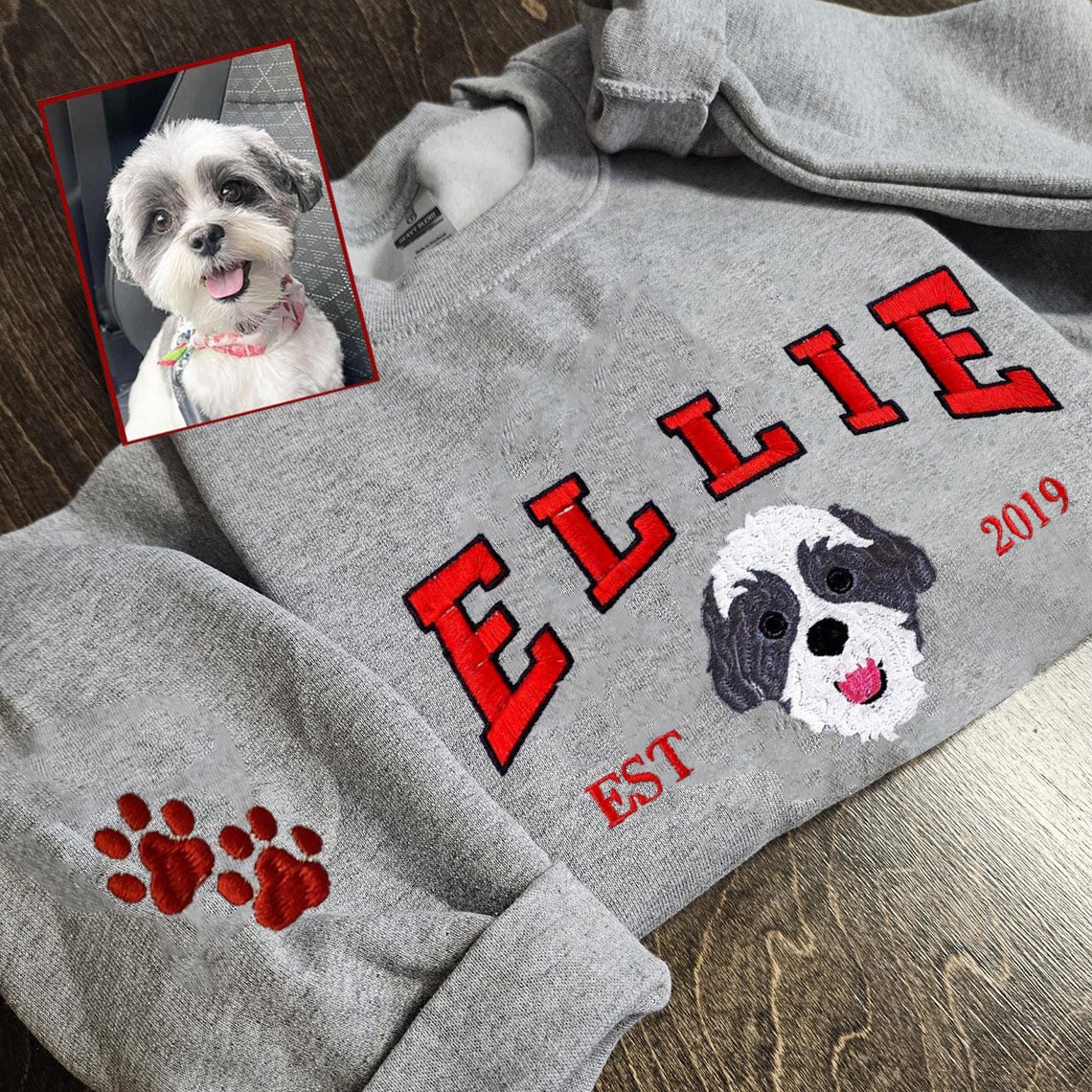 Personalized Dog Face Embroidered Sweatshirt Varsity Style For Pet Lover Gifts