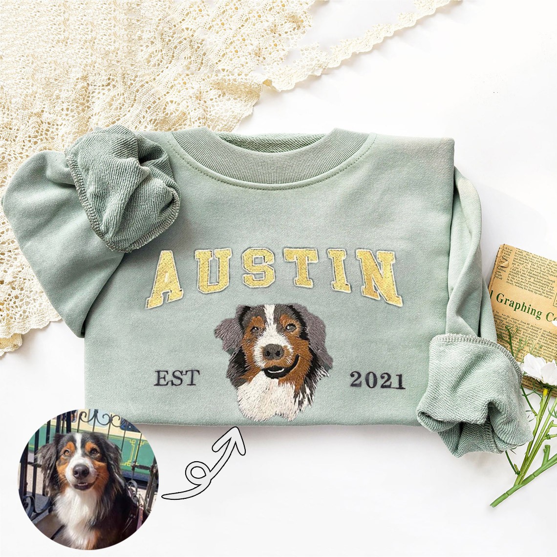 Personalized Dog Face Embroidered Sweatshirt Varsity Style For Pet Lover Gifts