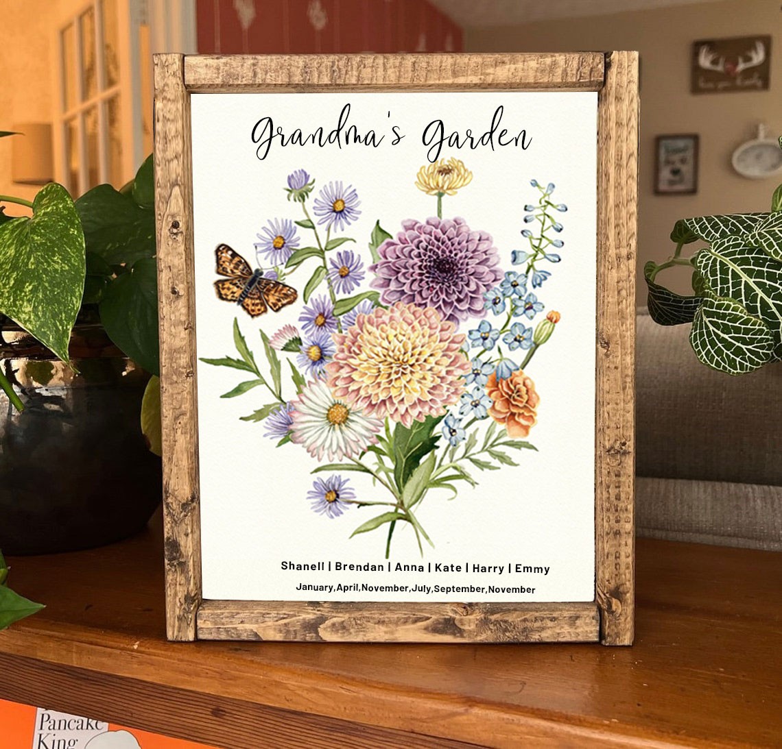 Grandma's Garden Birth Flower Family Bouquet Wood Sign Art With Grandkids Name For Christmas Mother's Day