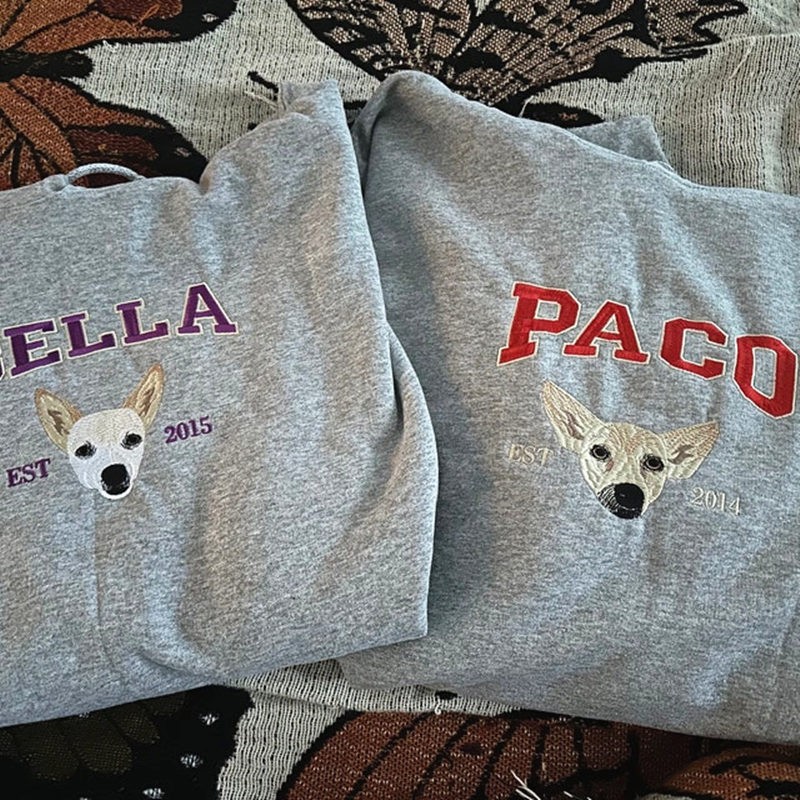 Custom Embroidered Dog Face Varsity Style Sweatshirt Hoodie With Name For Pet Lover Gifts