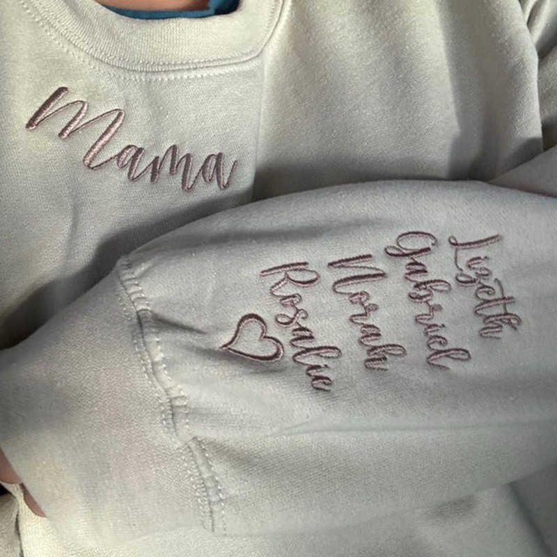 Custom Embroidered MAMA Sweatshirt With Kids Name On Sleeve For Mom Grandma Christmas Gift
