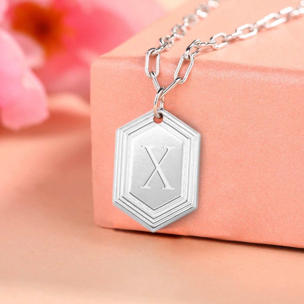 Silver Personalised Engraved Initial Pendant Link Chain Necklace Layering Charms Gift For Her
