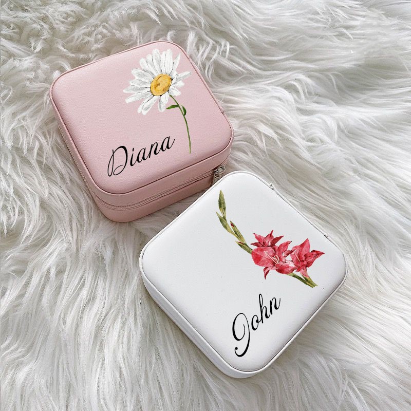Personalized Birth Flower Jewelry Travel Box Bridesmaid Gift Case With Name
