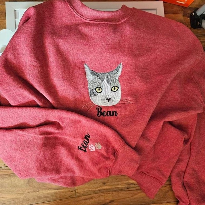 Custom Embroidered Cat Face Sweatshirt With Name For Pet Lover Gifts
