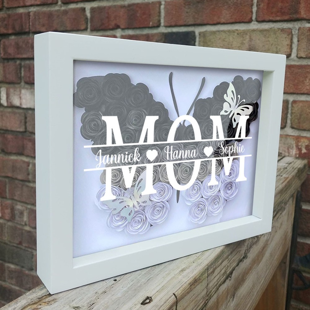 Custom Butterfly Mom Flower Shadow Box With Kids Name For Mother's Day Gift Ideas
