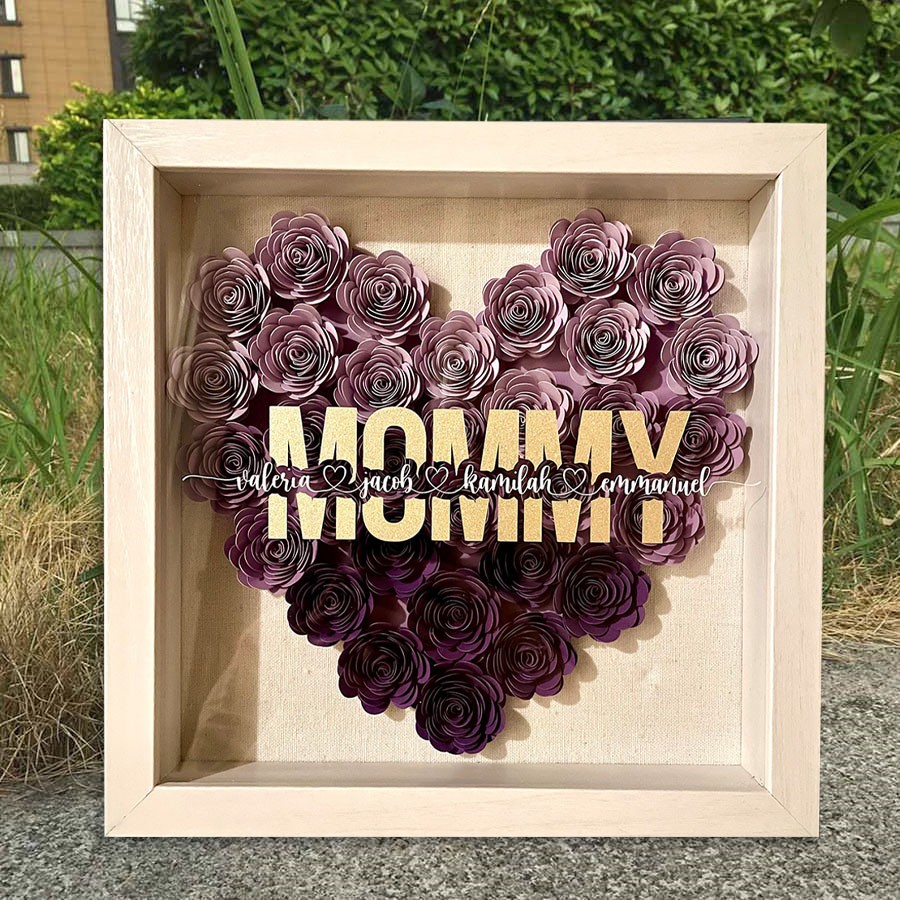 Personalized Mom Heart Flower Shadow Box With Kids Name For Mother's Day Birthday