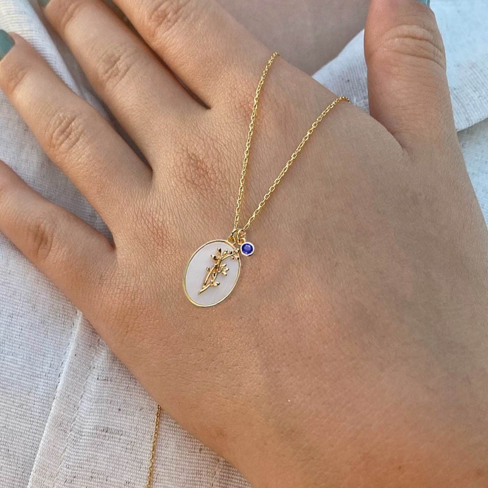 Personalized Dainty Birth Month Flower Mother Shell Gold Necklace With Birthstone For Mom
