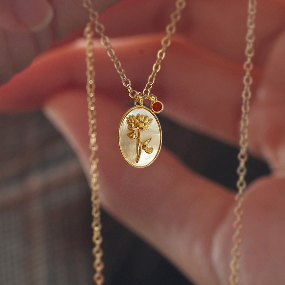 Personalized Dainty Birth Month Flower Mother Shell Gold Necklace With Birthstone For Mom