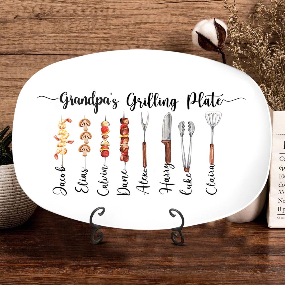 Personalized BBQ Grandpa's Grilling Plate With Grandkids Name For Father's Day