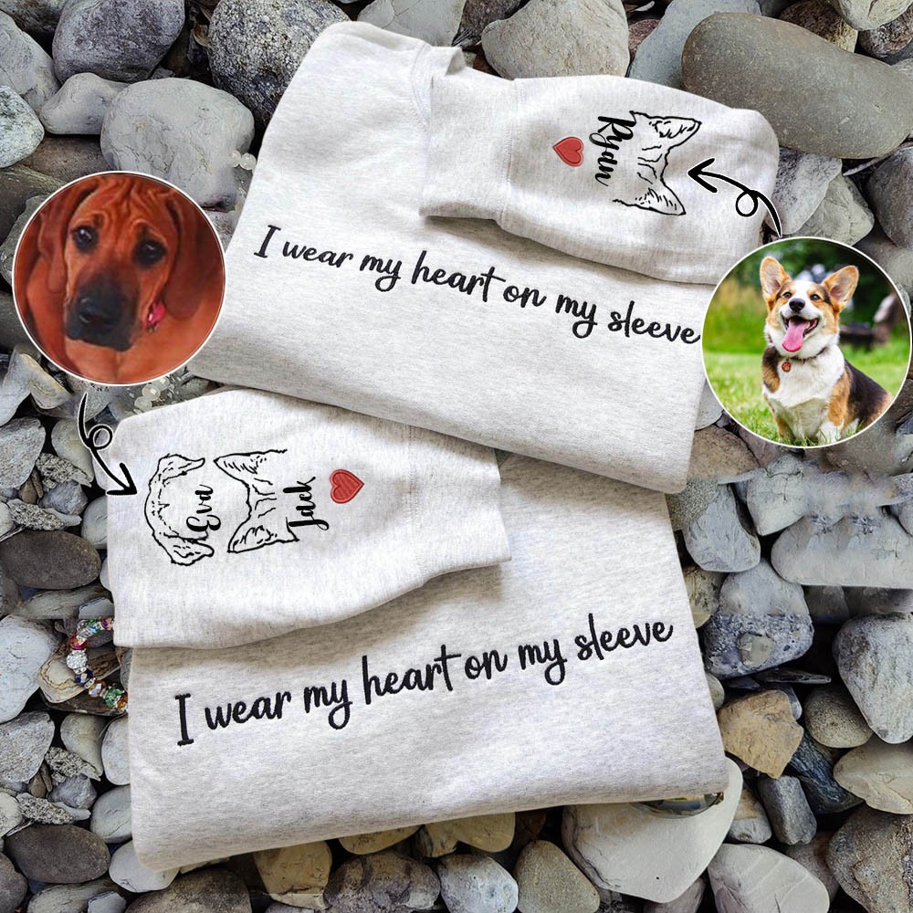Custom I Wear My Heart On My Sleeve Embroidered Ear Outline Sweatshirt Hoodie For Pet Lover
