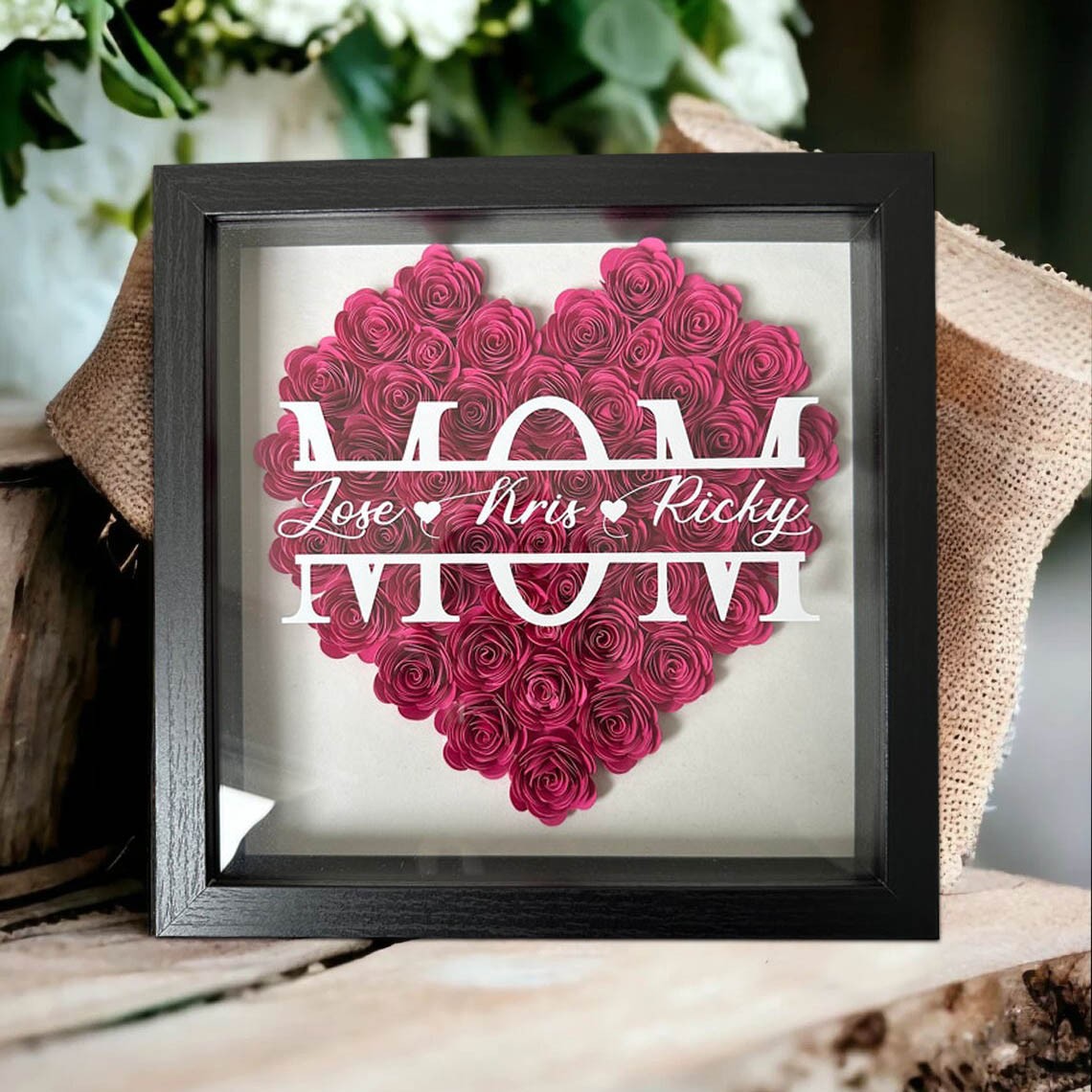 Custom  Mom Heart Flower Shadow Box With Kids Name For Grandma Mom Mother's Day Birthday Gift
