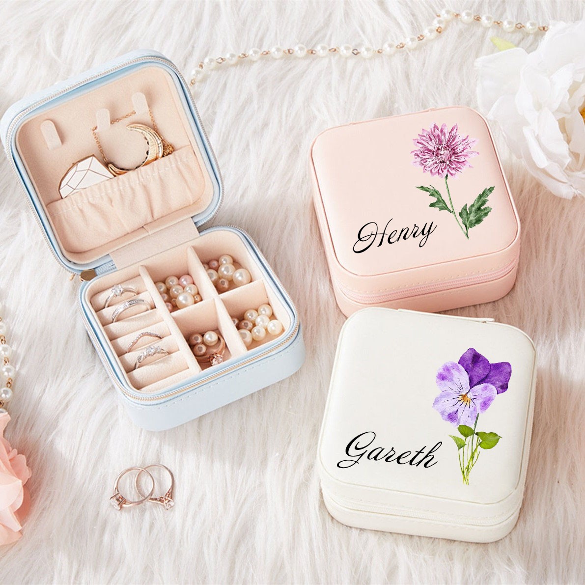 Personalized Birth Flower Jewelry Travel Box Bridesmaid Gift Case With Name