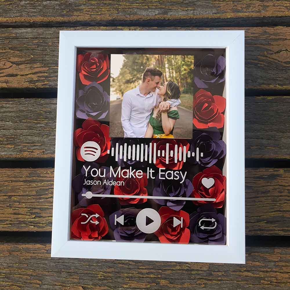 Personalized Spotify Flower Shadow Box With Couple Photo For Wedding Anniversary Valentine's Day