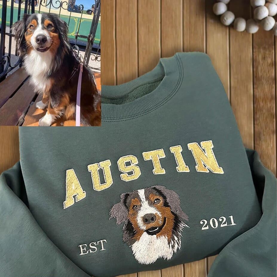 Custom Embroidered Dog Face Sweatshirt in Varsity Style With Name For Pet Lover Gifts