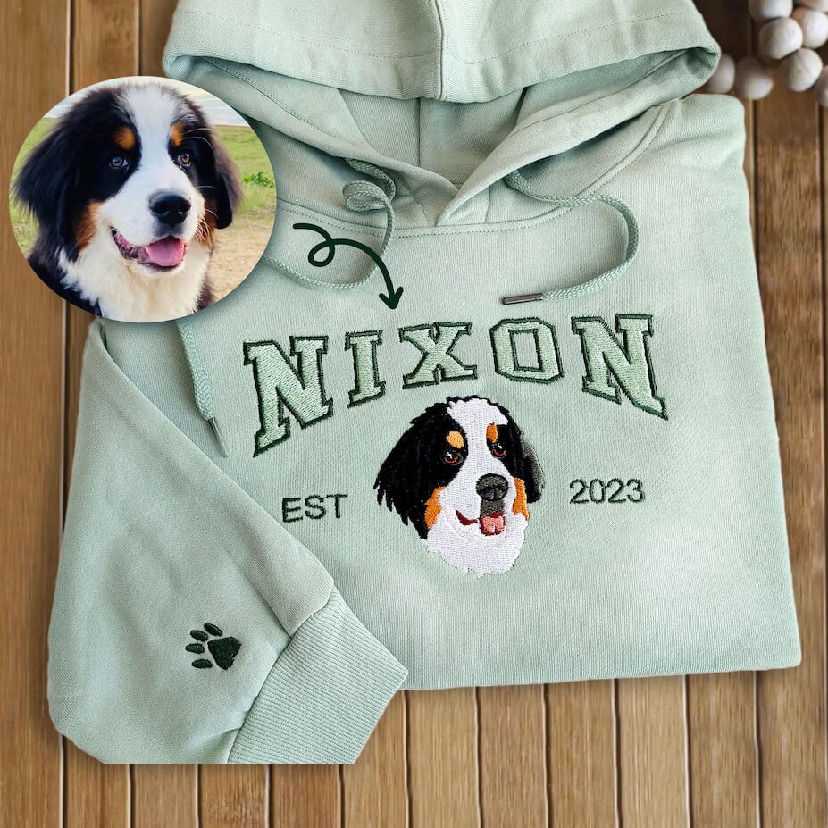 Custom Embroidered Dog Face Hoodie Sweatshirt in Varsity Style With Name For Pet Lover Gifts
