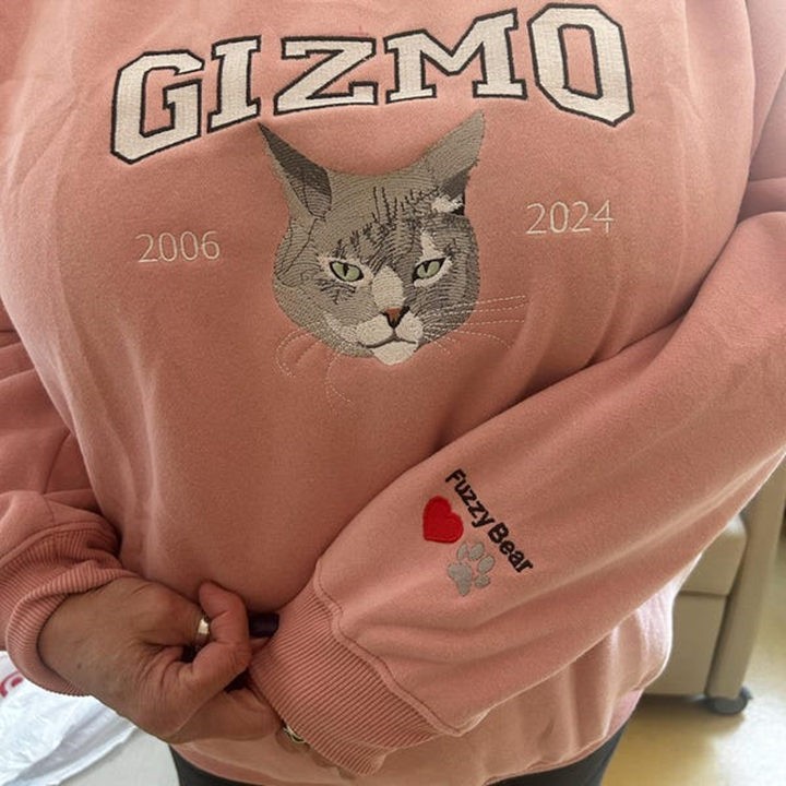 Custom Embroidered Cat Face Sweatshirt in Varsity Style With Name For Pet Lover Gifts