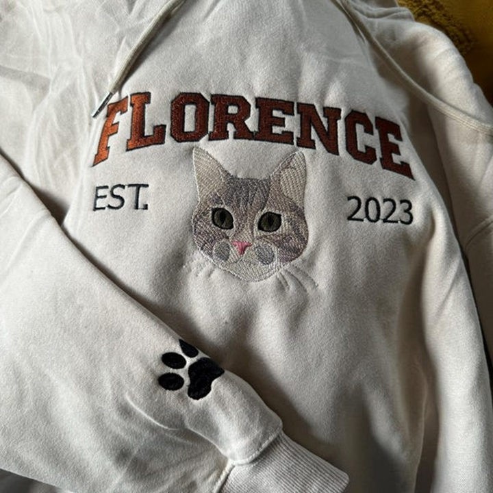 Custom Embroidered Cat Face Hoodie Sweatshirt in Varsity Style With Name For Pet Lover Gifts