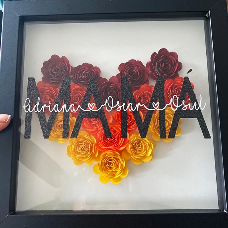 Personalized Mom Heart Flower Shadow Box With Kids Name For Mother's Day Birthday