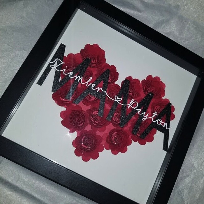 Personalized Mom Heart Flower Shadow Box With Kids Name For Mother's Day Birthday