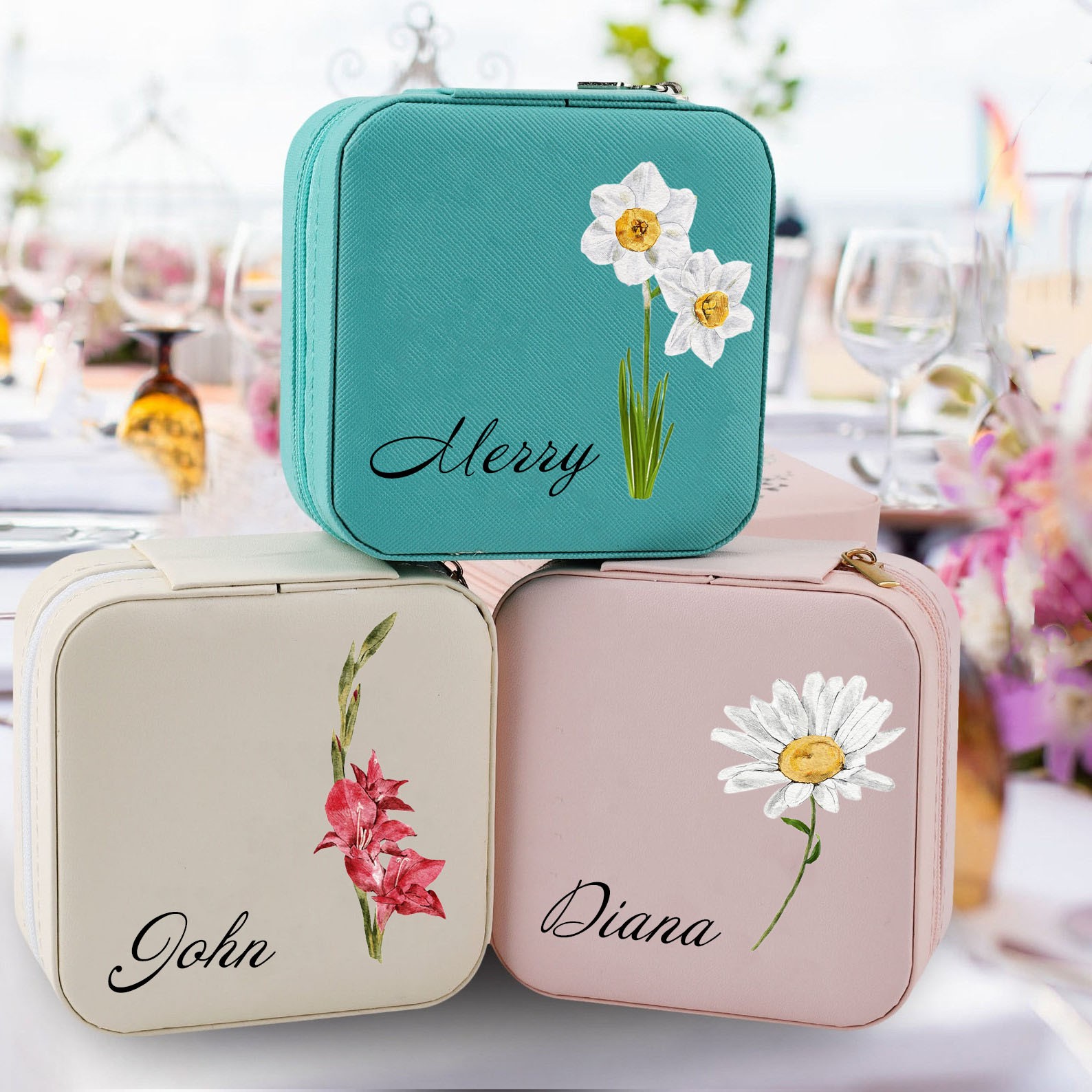 Personalized Birth Flower Jewelry Travel Boxes Case With Name