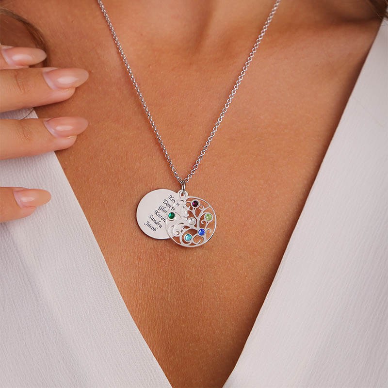 Engravable Family Tree Necklace with 1-6 Birthstones