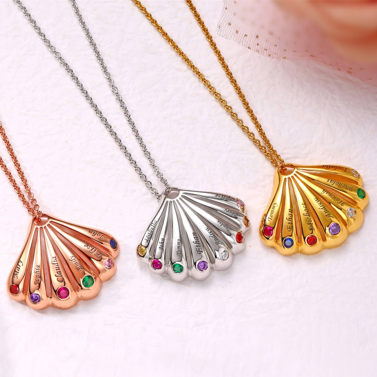 Personalized Shell Shape Pendant Names Necklace With 1-9 Birthstones and Engravings