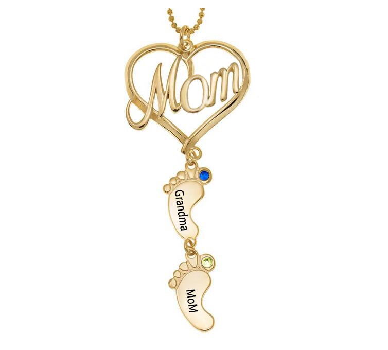 Personalized MOM Heart Baby Feet Pendant Birthstone Name Necklace with 1-10 Charms