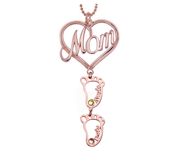 Personalized MOM Heart Pendant Birthstones Name Necklace with 1-10 Hollow BabyFeet Charms