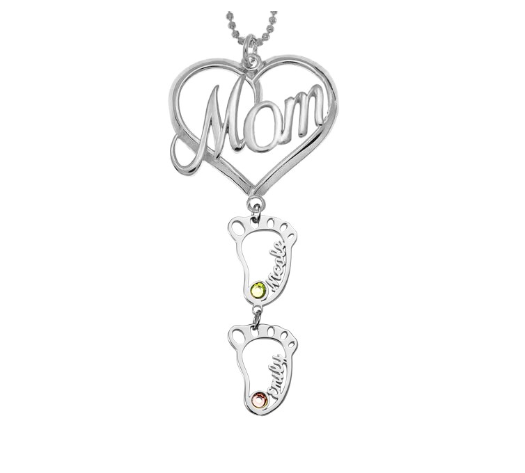 Silver Personalized MOM Heart Pendant Birthstones Name Necklace with 1-10 Hollow BabyFeet Charms