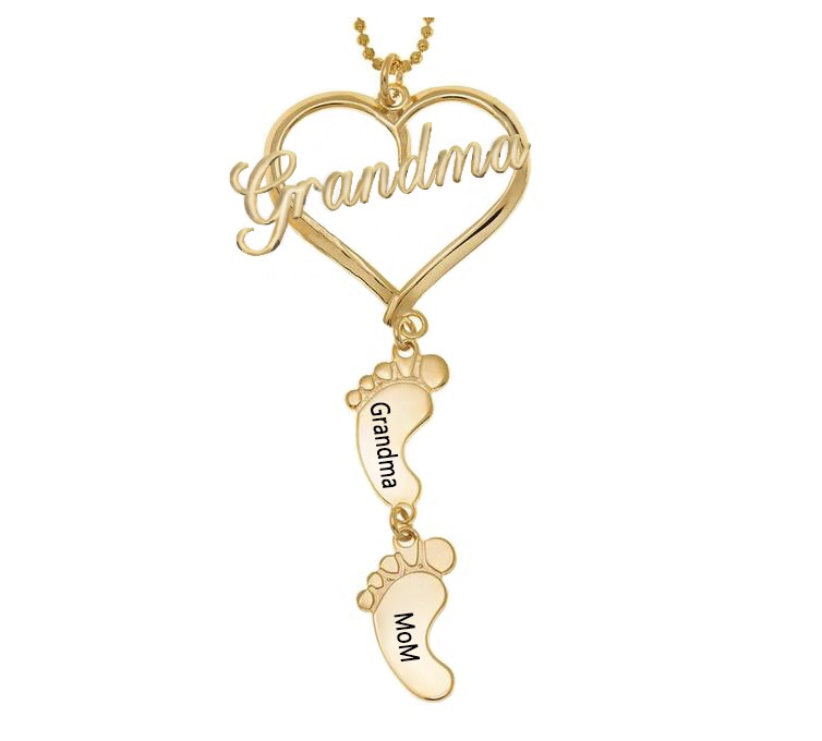 Personalized Love Grandma Heart Baby Feet Shape Engraved Name Necklaces With 1-10 Pendants