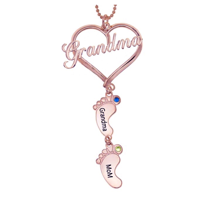 Personalized Grandma Heart Baby Feet Pendant Birthstone Name Necklace with 1-10 Charms