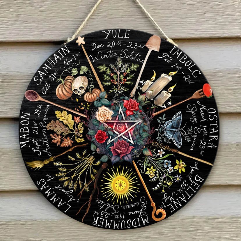 Wheel Of The Year Moon Phases Wooden hanging Calendar Sign