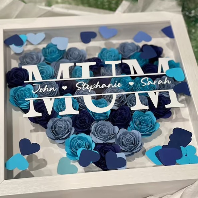 Personalized Mom Heart Flower Shadow Box With Kids Name For Mother's Day Birthday