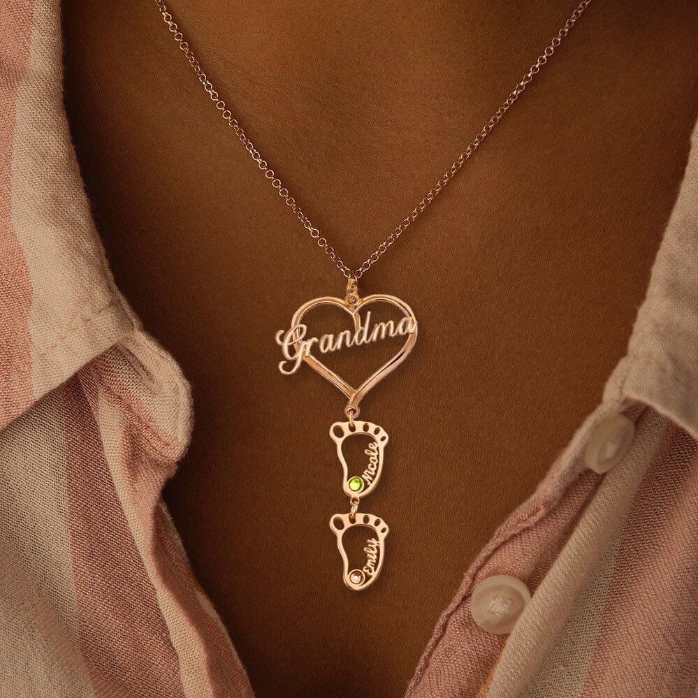 Personalized Grandma Heart Pendant Birthstones Name Necklace with 1-10 Hollow BabyFeet Charms