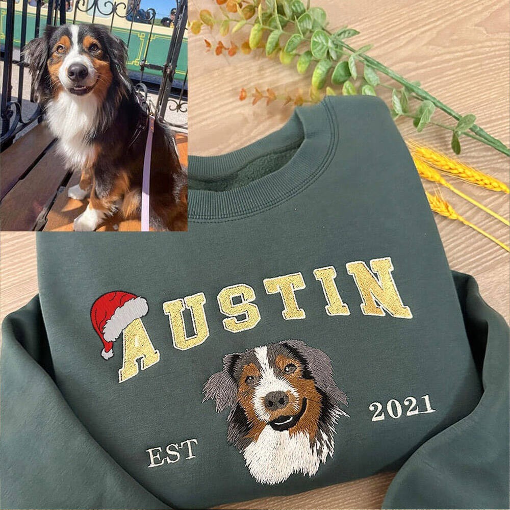 Custom Christmas Embroidered Dog Sweatshirt in Varsity Style With Name For Pet Lover Gifts