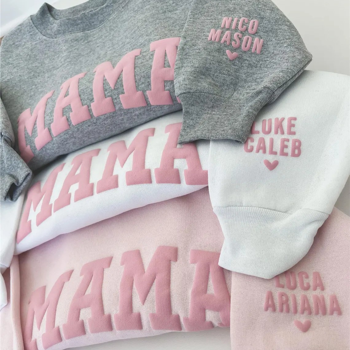 Custom Puff Mama Sweatshirt with Kids Names on Sleeve For Mother's Day Gift
