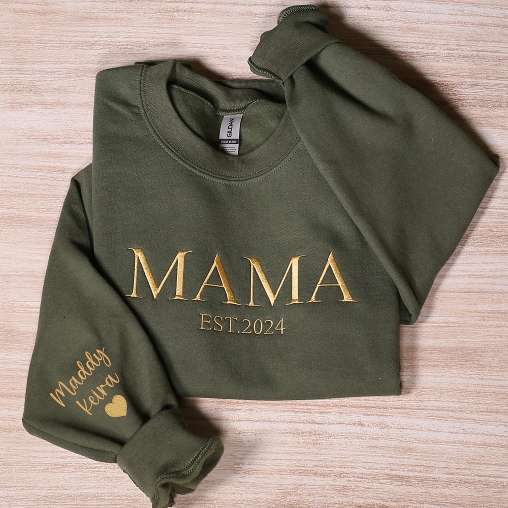 Custom Embroidered Mama Sweatshirt with Kids Names on Sleeve For New Mum Mother's Day Gift