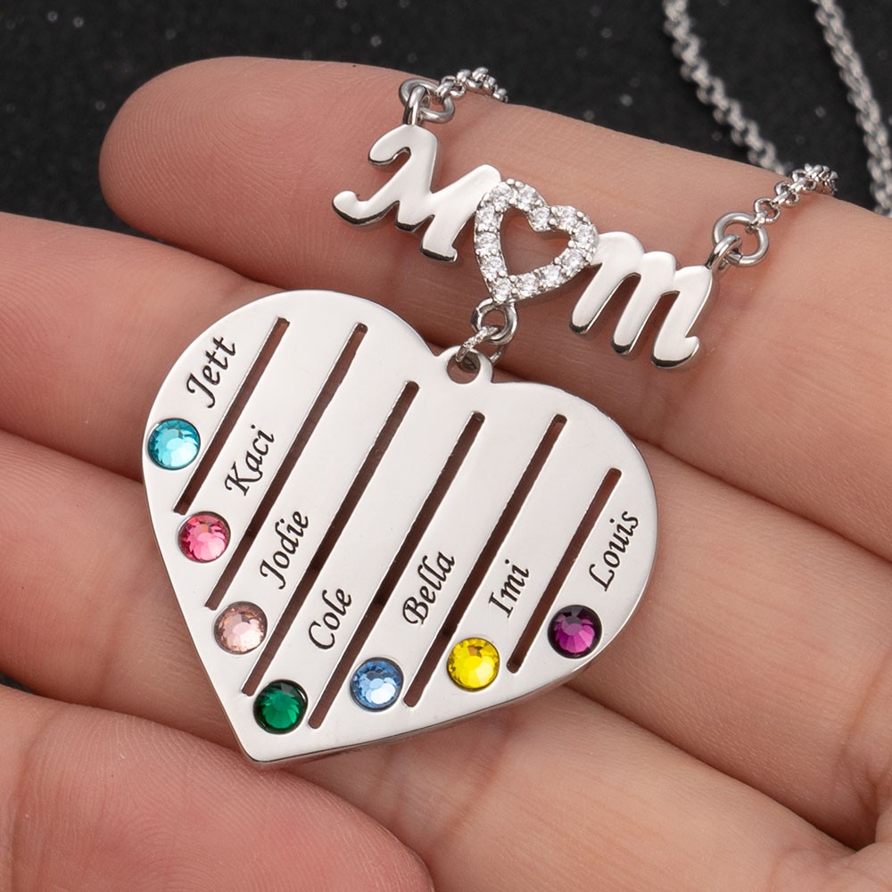 Custom Mom Heart Necklace With Kids Name and Birthstone For Mother's Day Christmas Birthday Gift Ideas