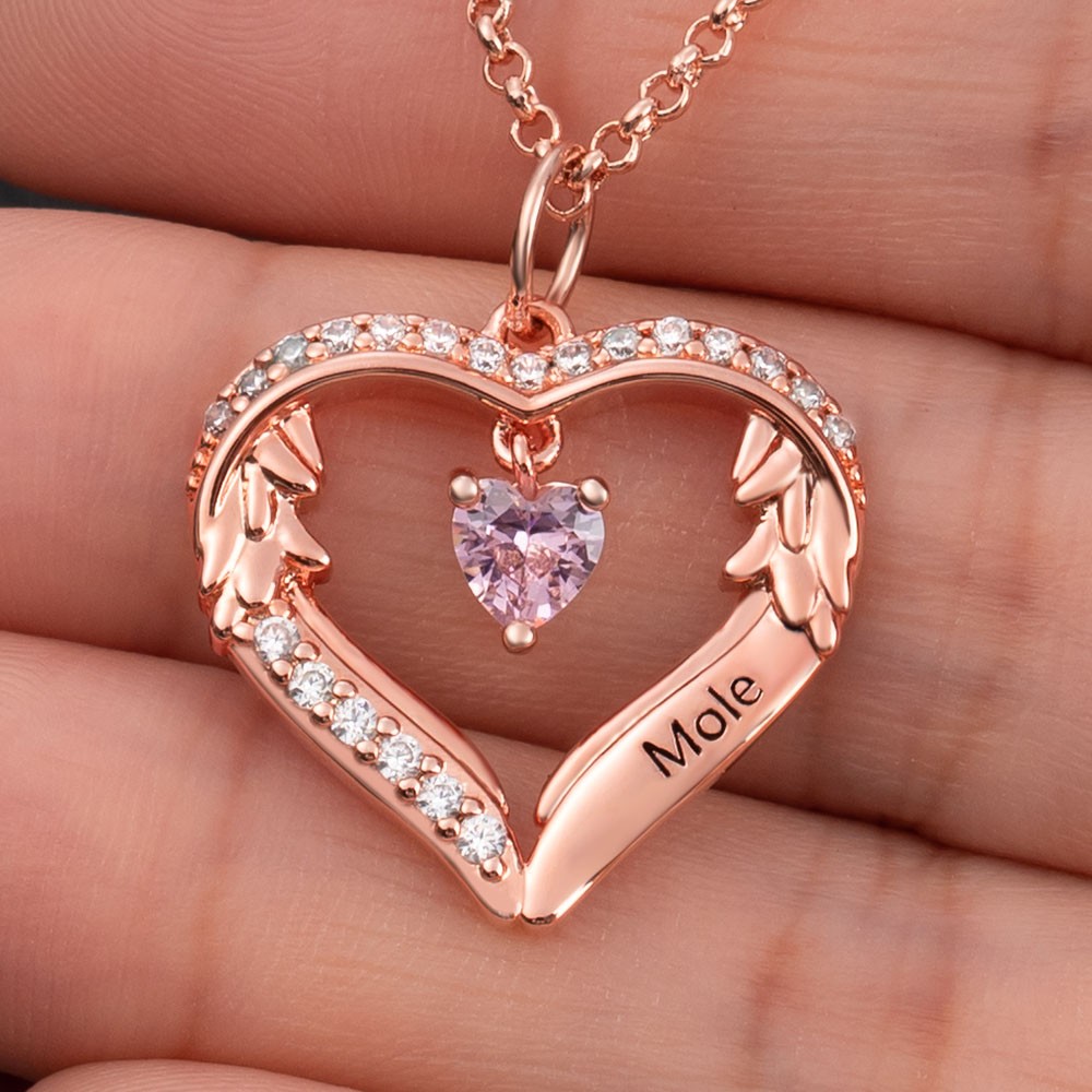 Custom Angel Wings Heart Necklace With Name and Birthstone For Family Mum Grandma Christmas Gift Ideas