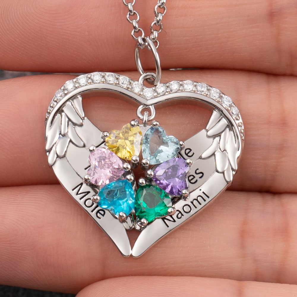 Custom Angel Wings Heart Necklace With Name and Birthstone For Family Mum Grandma Christmas Gift Ideas