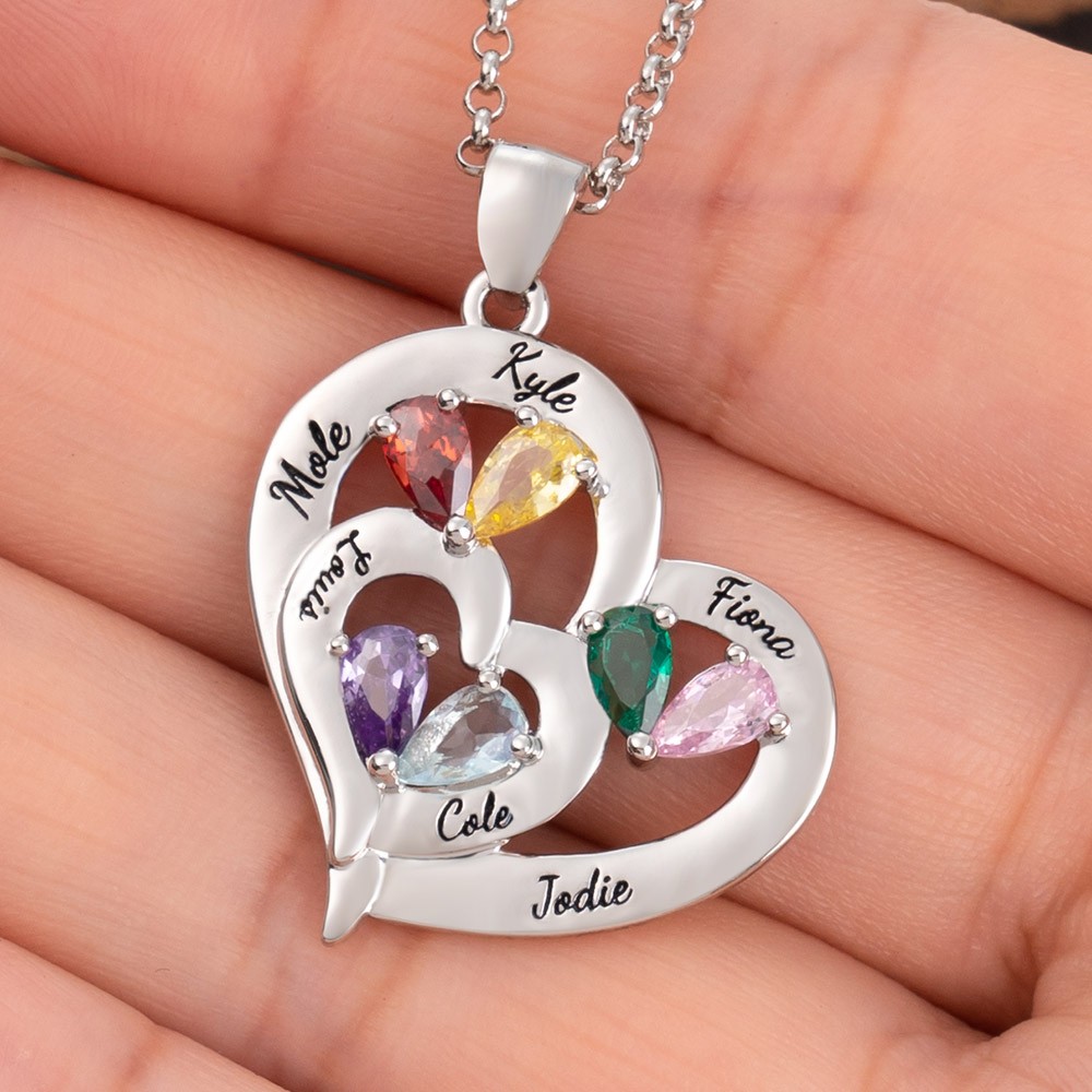 Custom Heart Necklace With 1-10 Name and Birthstones For Mum Grandma Christmas Gift Ideas